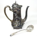 A pewter WMF coffee pot, with relief decoration, 25cm high,