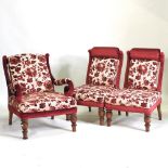 A Victorian red and cream floral upholstered salon suite, comprising a sofa 152cm,