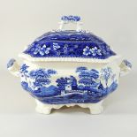 A Spode Blue Tower pattern blue and white pottery tureen and cover,