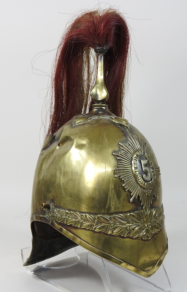 A Victorian 5th (Princess Charlotte of Wales's) Dragoon Guard's brass parade helmet, with plume, - Image 3 of 21