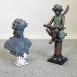 A 20th century bronze figure of a fairy, 59cm high, together with a painted plaster portrait bust,