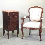 A French style open armchair, together with a French Empire style burr walnut pot cupboard,