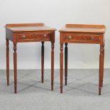 A pair of hand made walnut side tables, on turned legs,