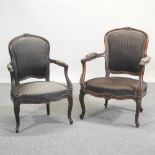 A 19th century French walnut open armchair,