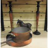 A pair of metal candlesticks, 55cm high, together with a Beswick model of a horse,