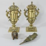 A pair of 20th century decorative brass urns, 24cm high, together with a brass inkwell,