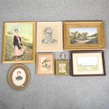 A collection of pictures and prints, to include a head and shoulders portrait of a gentleman,