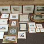 A collection of pictures and prints, together with a gilt framed oval wall mirror,