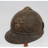WW1 French Adrian Pattern Steel Helmet khaki green painted crown. Attached top comb and front