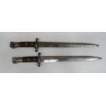 Two British P1888 MKI 2nd Type Bayonets 12 inch, double edged blades. Forte marked to one with