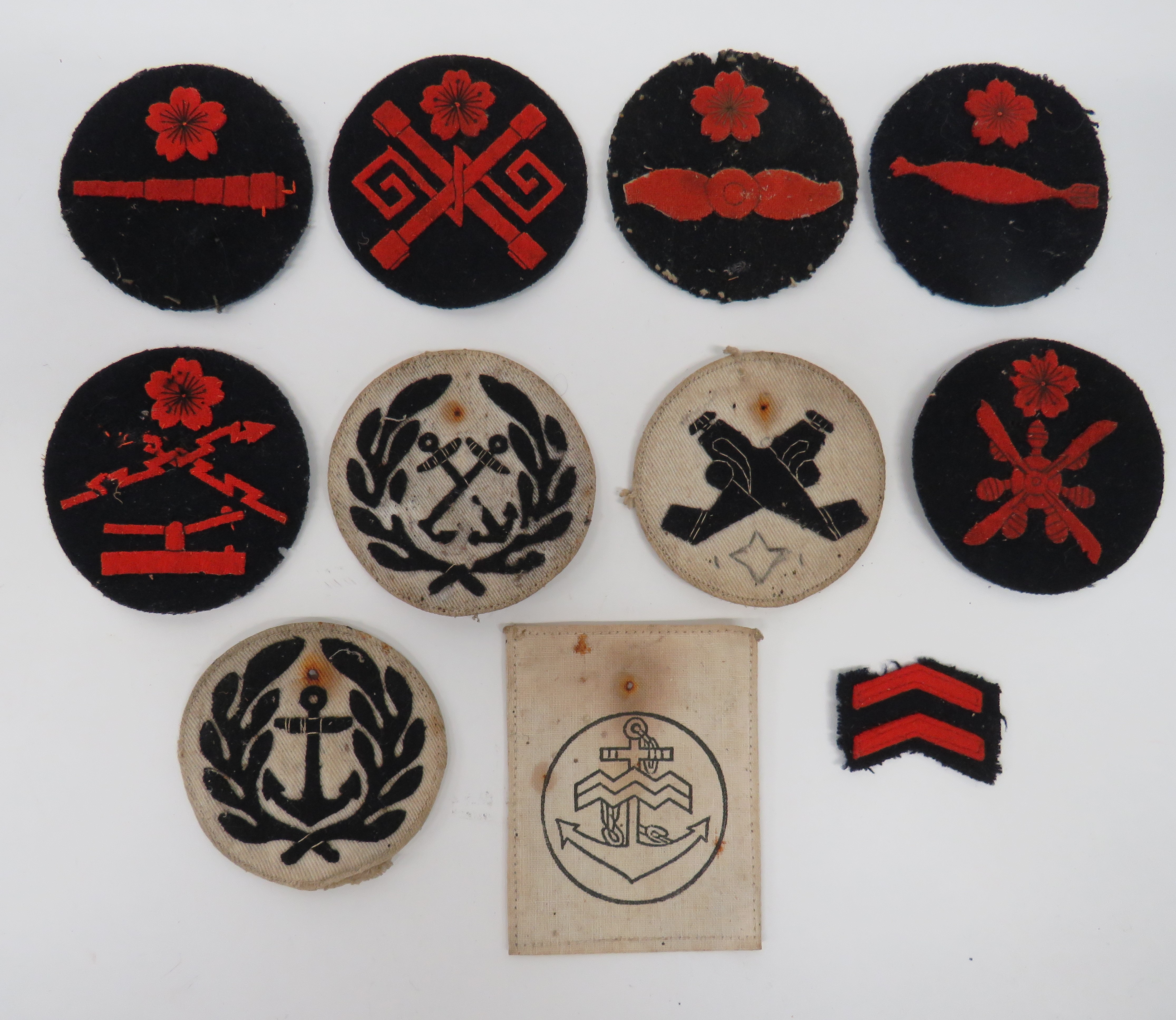 Selection of WW2 Japanese Naval Badges including blue felt on white, Petty Officer line 3rd