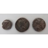 Three Silver Roman Coins consisting Octavian 29-27 BC ... Lucius Appulius Saturnus 104 BC ...