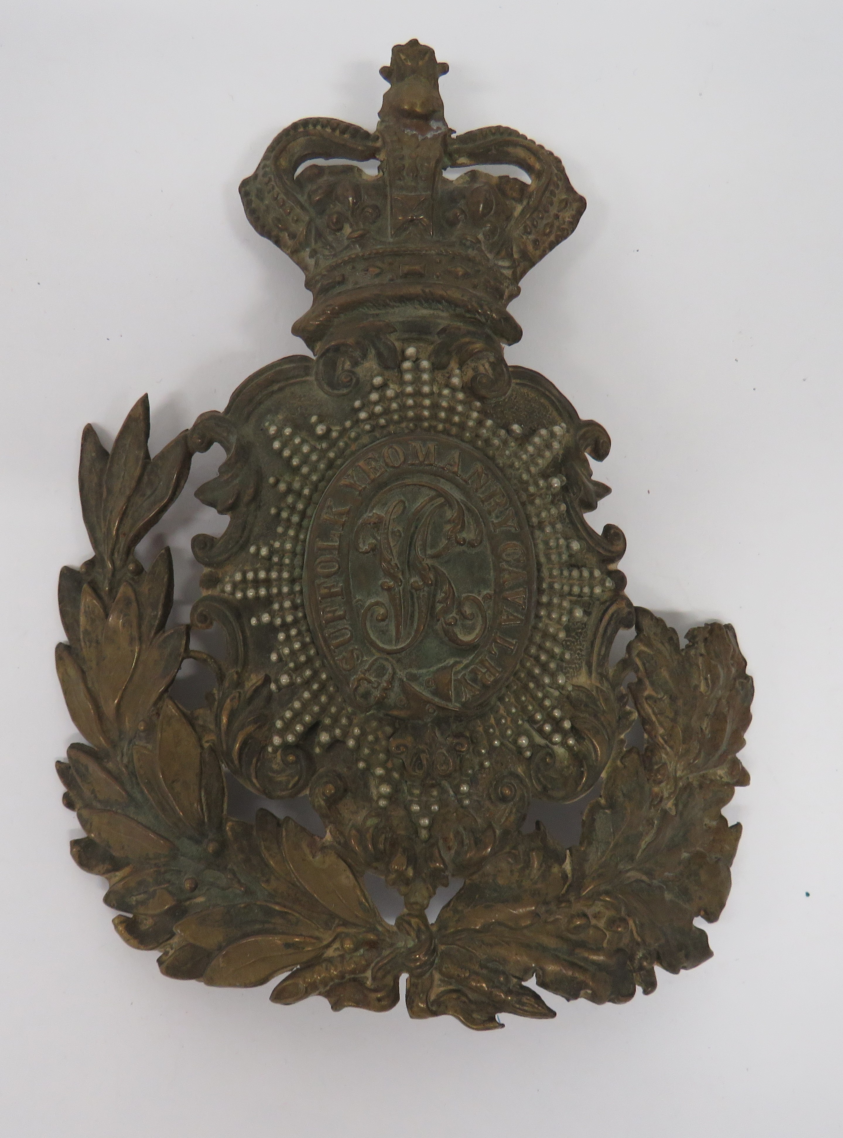 Victorian Suffolk Yeomanry Cavalry Helmet Plate brass, Victorian crown, scroll edged shield and