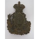 Victorian Suffolk Yeomanry Cavalry Helmet Plate brass, Victorian crown, scroll edged shield and