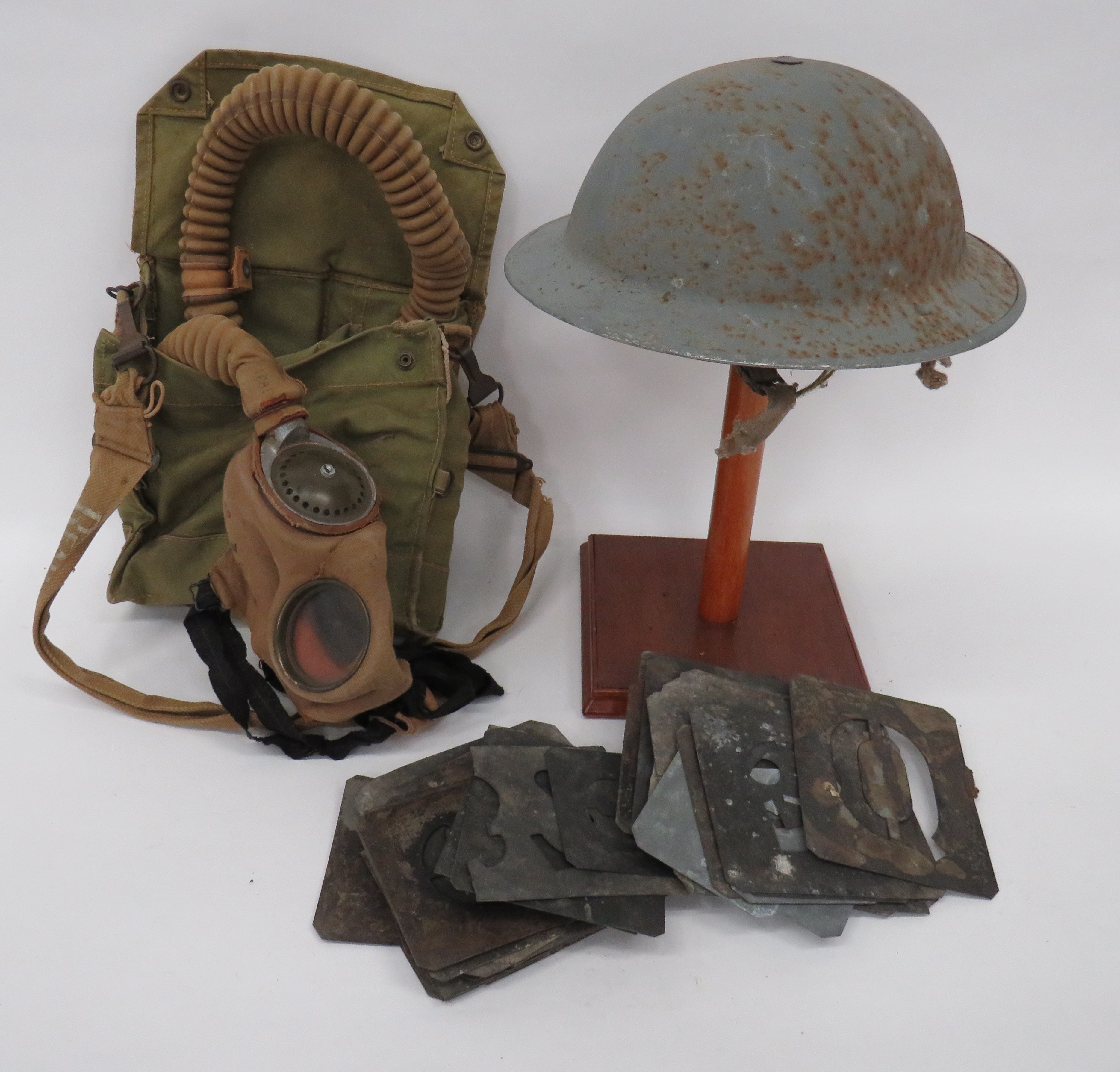 WW2 Naval Pattern Steel Helmet and Respirator grey painted, MKII steel helmet. Liner absent.