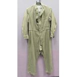 WW2 British ATS Overalls green denim, full suit. Single breasted front. Small, high collar. Left