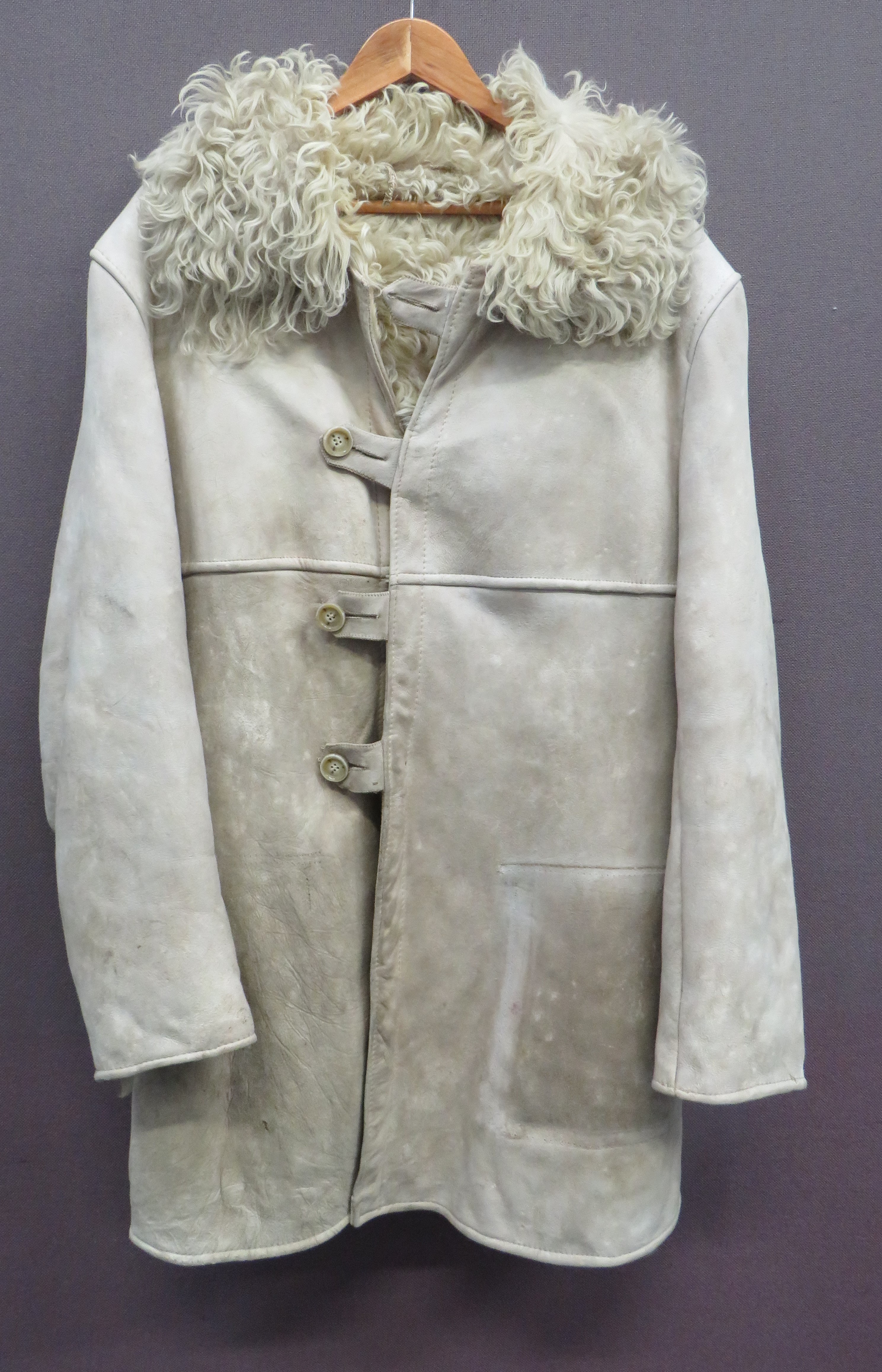 Swedish Cold Weather Coat soft white leather/suede, single breasted, long coat secured by four