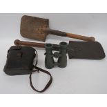 Two German Entrenching Tools rectangular steel heads with rolled top section. Short, wooden
