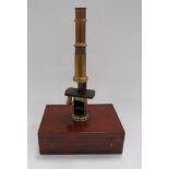 Fine Victorian Travelling/Field Microscope brass, tubular microscope with removable top lens. Lower,