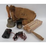 Selection of Various WW2 ARP Items consisting brass hand bell with wooden handle. The bell