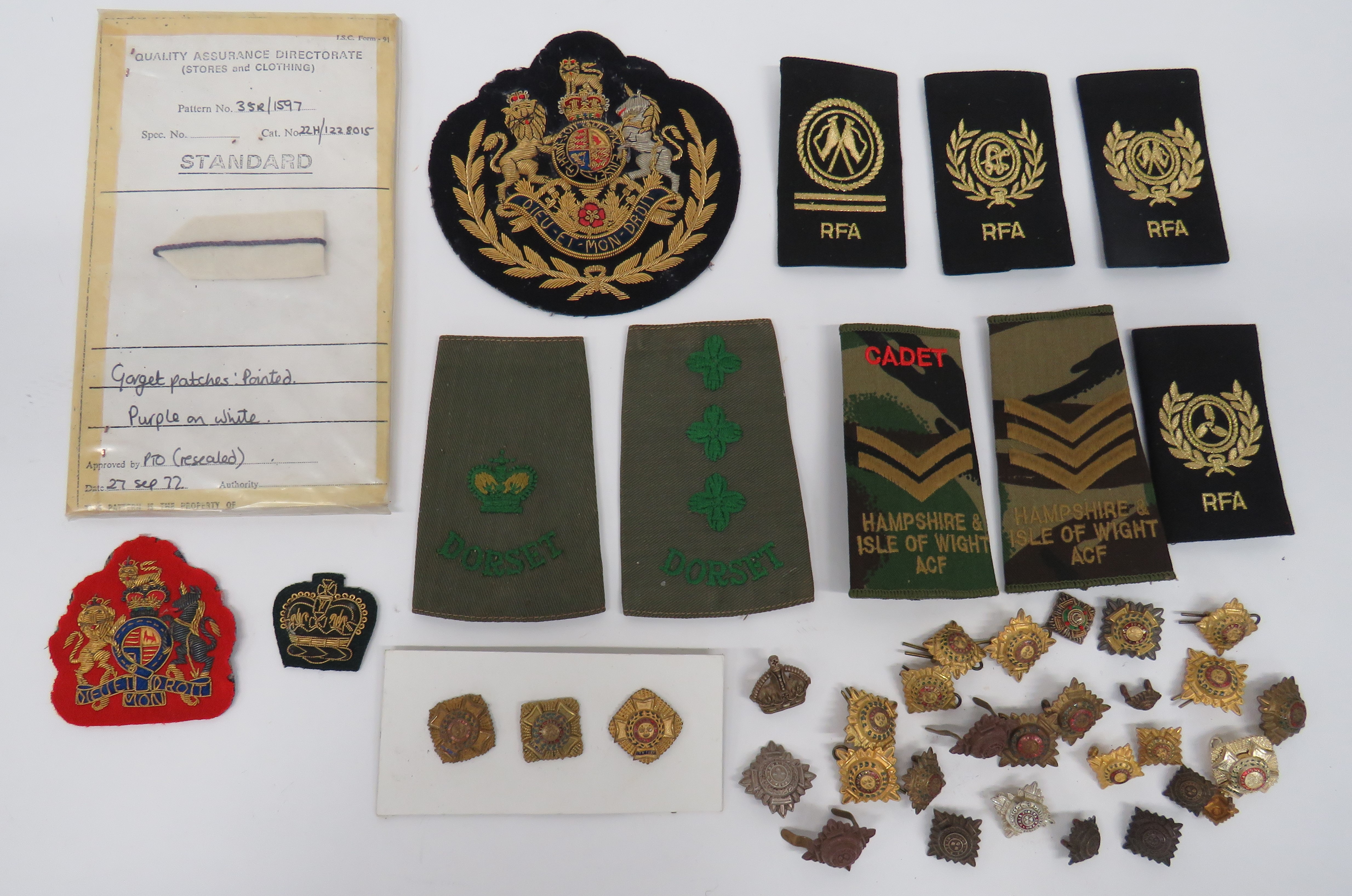 Small Selection of Various Rank Badges including bullion embroidery, QC Guards RSM arm badge on dark