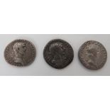 Three Silver Roman Coins consisting Nerva AD 96-98. Reverse with figure ... Trajan AD 98-117.