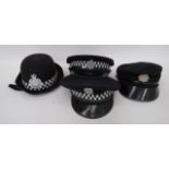 Small Selection of Police Caps consisting women‚' hard top, felt hat. Lower checkered band with QC