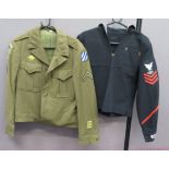 Two American WW2 Tunics consisting khaki, single breasted, open collar battle dress. Pleated chest