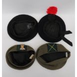 Four Various Tam O Shanter Caps consisting 2 x khaki examples. One complete with plated and gilt