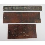 Three Various Air Raid Warden Door Signs