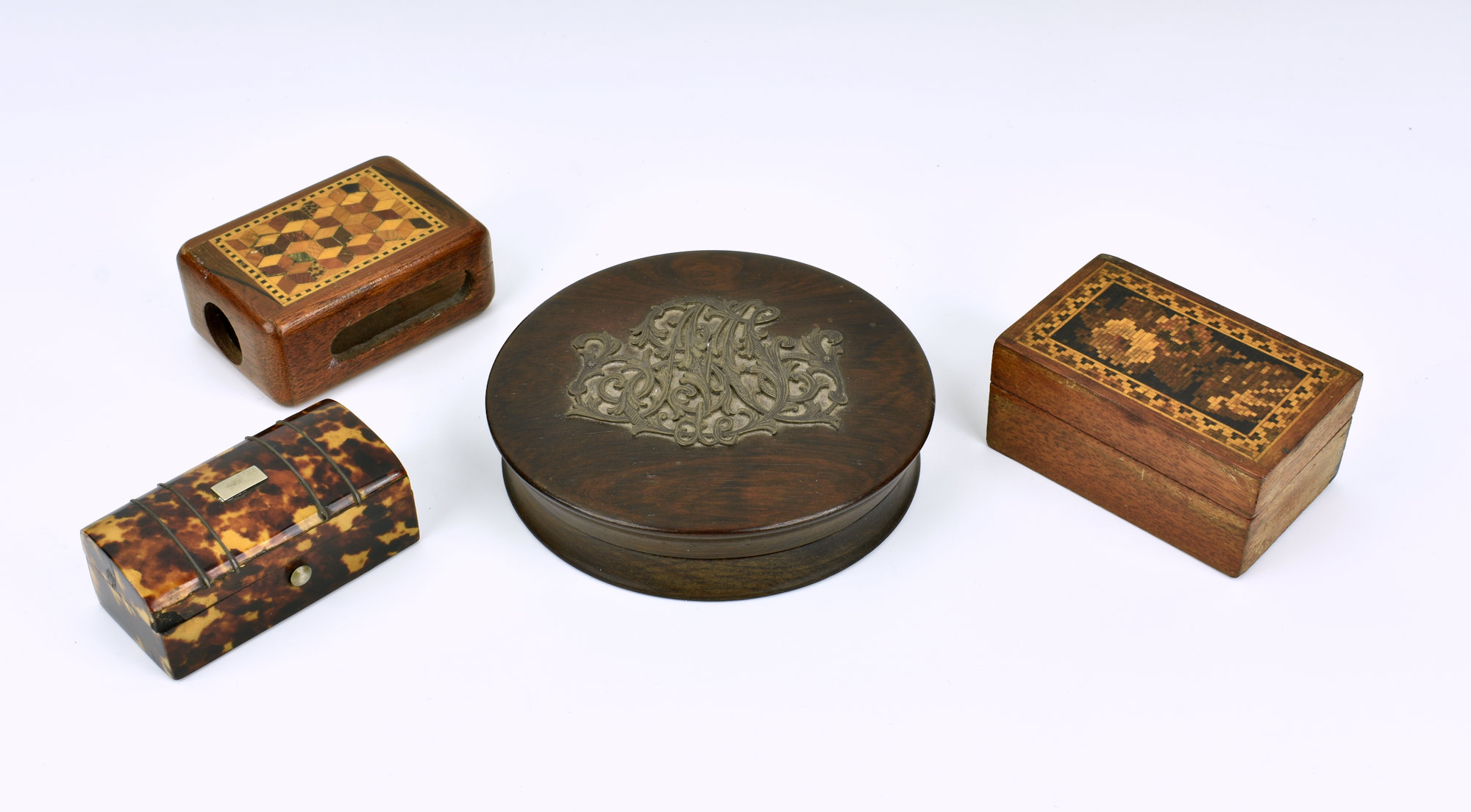 A small group of 19th century boxes comprising a Tunbridge ware rectangular trinket box, the cover