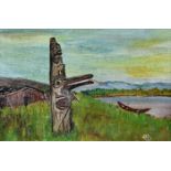 A set of three oil on boards depicting totem poles - By Charles Dudoward, the first in landscape
