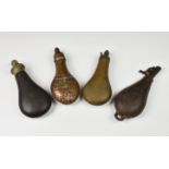 A collection of four antique powder flasks, comprising of a SYKES patent copper version of typical