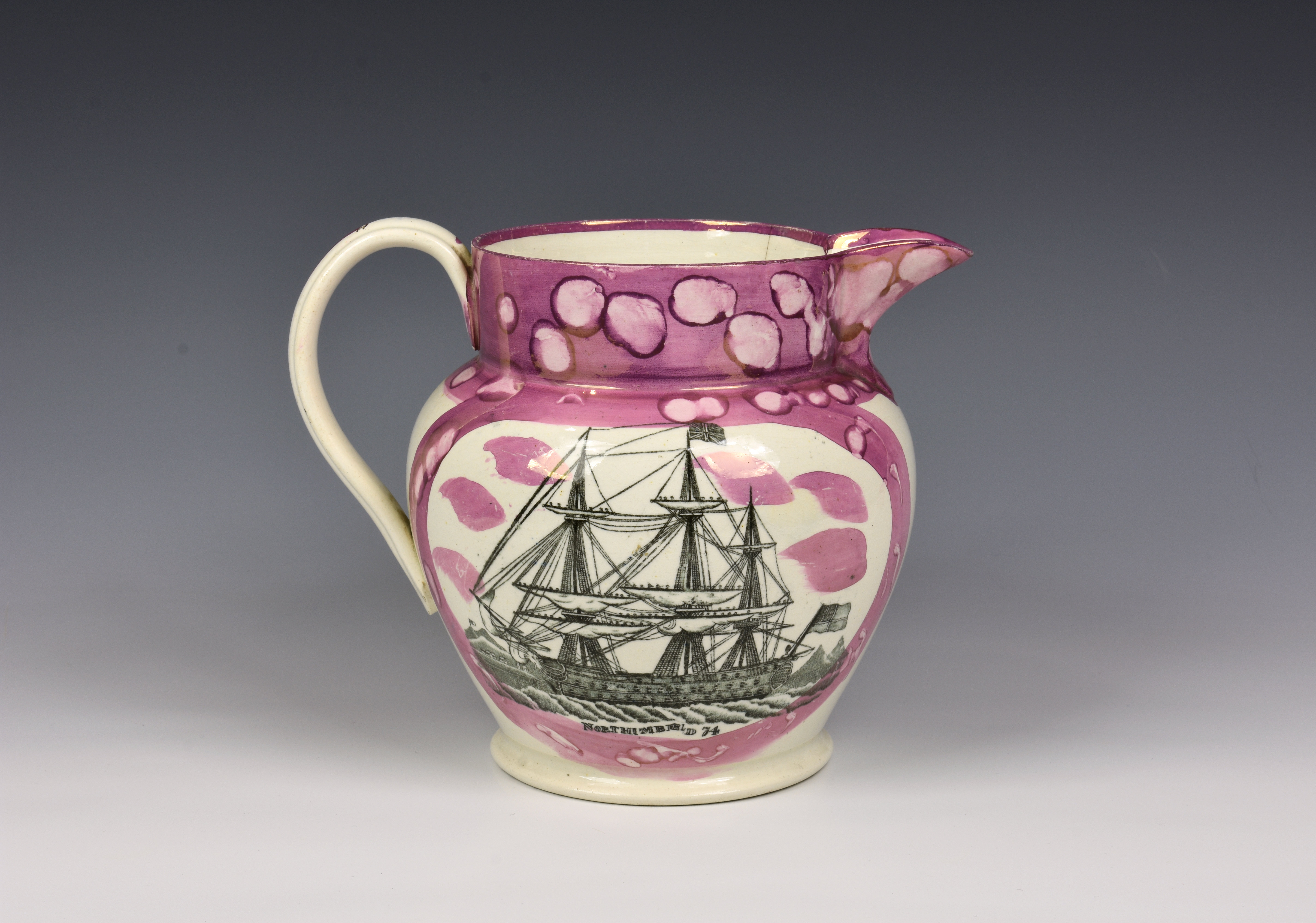 A 19th century Sunderland pink lustre jug, painted and transfer printed, one side with panel of a