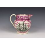 A 19th century Sunderland pink lustre jug, painted and transfer printed, one side with panel of a