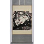 A Chinese watercolour scroll painting, 20th century, plum blossom, signed and with two red artist'