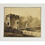 Attributed to Samuel Prout R.W.S (British, 1783-1852), Fort with Shipping sepia wash heightened with