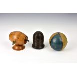 A 19th century treen beehive string box & bobbin holder, the lift off lid opening to reveal