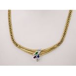 A ruby, sapphire, emerald, diamond and 18ct yellow gold necklace, the pear cut sapphire, emerald and