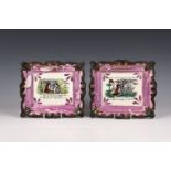 Two 19th century Sunderland pink lustre plaques, with monochrome transfer print inscriptions 'THE