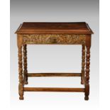 An 18th century and later stripped oak side table, with bevel moulded top over a single drawer