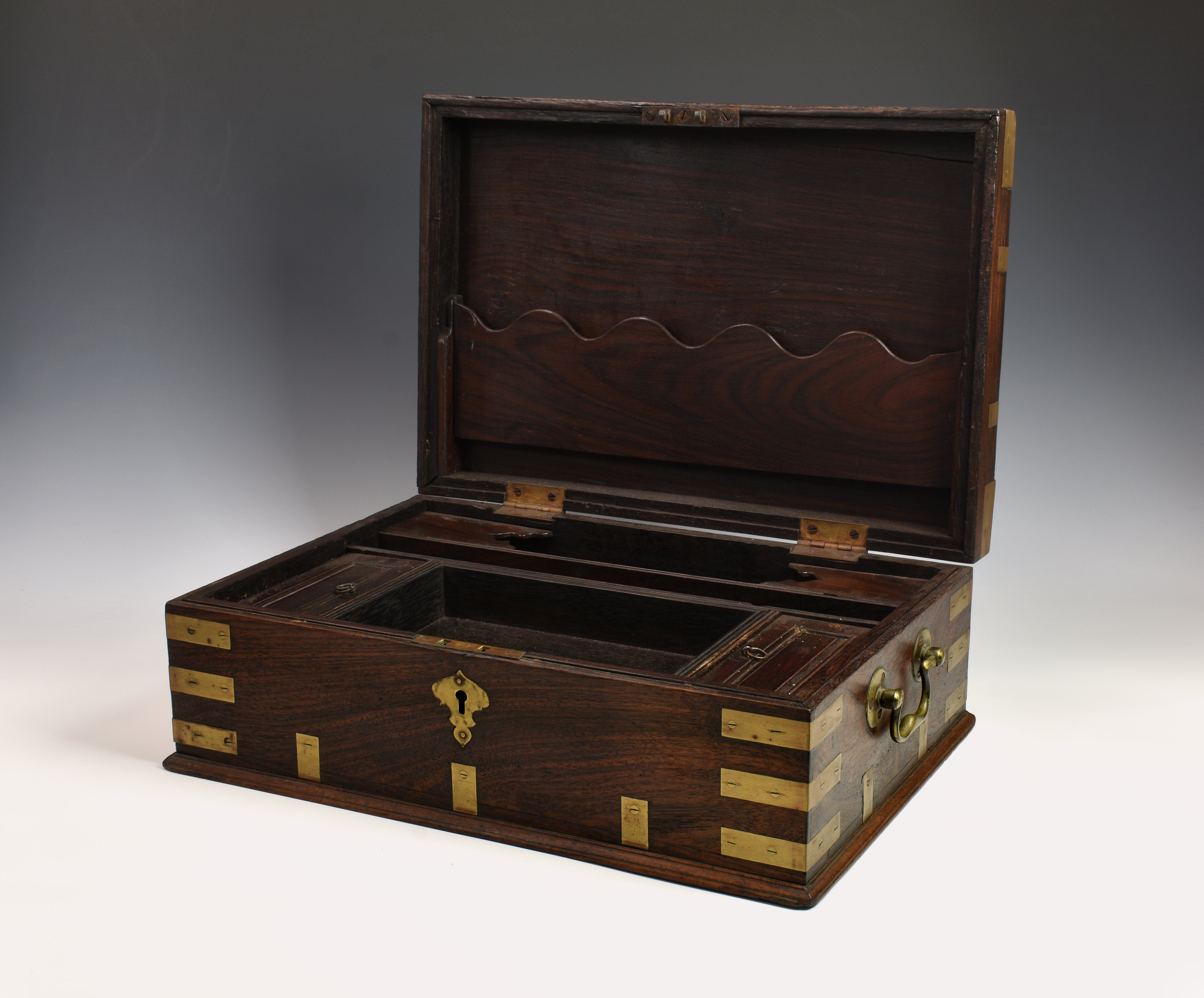 An Anglo Indian rosewood and brass bound stationary box, c.1900, the hinged lid opening to reveal - Image 3 of 5