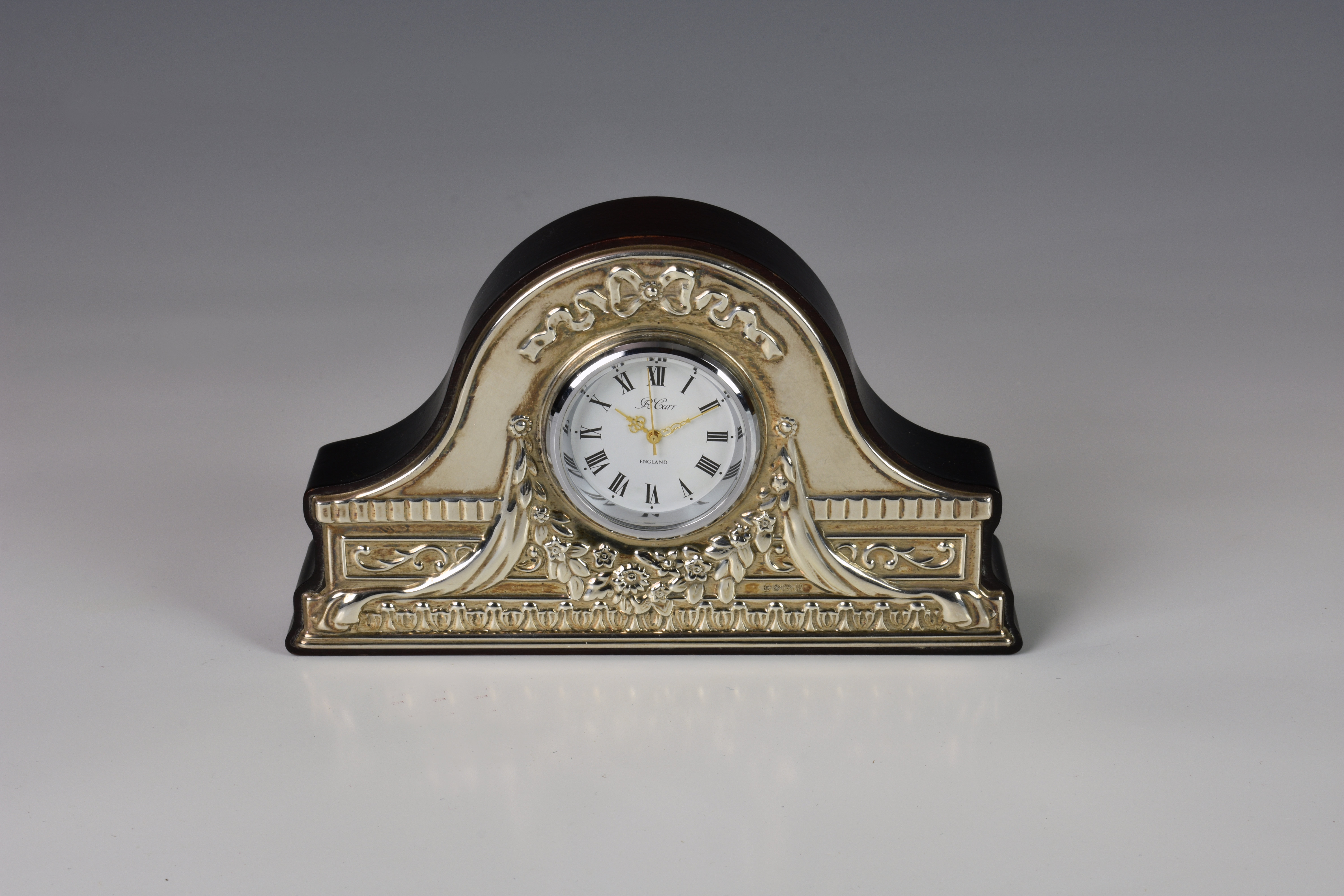 A miniature silver mounted bicorne hat timepiece / clock, R Carr, Sheffield, 1996, the silver