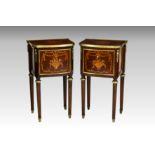 A pair of French Louis XVI style mahogany, marquetry and gilt brass bowfront bedside cabinets,