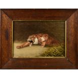 A Japanese silk embroidered picture of a stalking tiger, late 19th / early 20th century, embroidered