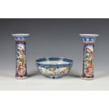 A pair of Chinese export Mandarin palette sleeve vases, Qianlong, late 18th century, with painted