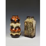 Two West German Fat Lava vases, the first of rectangular form, relief decorated with stylised
