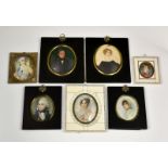 Two 19th century portrait miniatures, both oval watercolour on card, one of a lady in a black dress,