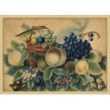 English School (early 19th century), Still life of fruit, vine leaves and a basket watercolour on