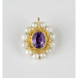 A Victorian style yellow gold, amethyst and pearl pendant, the double sided pendant with a central